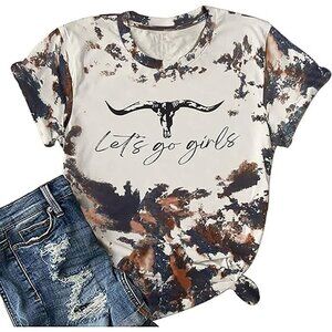 🆕 Women Grey Retro Western Bull Skull Bleached Country Music Tees Rodeo T Shirt